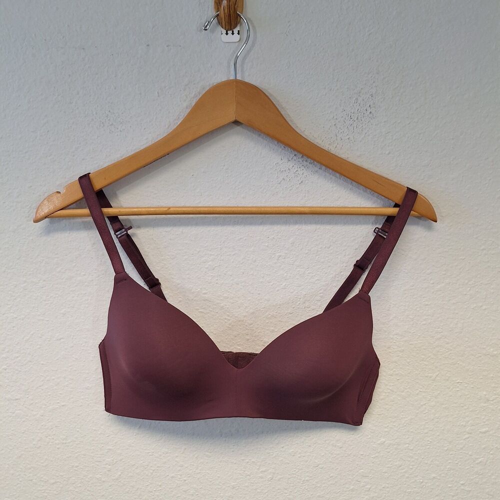 Auden Bliss Lightly Lined Wirefree Molded Bra with Lace Burgundy Womens Size 34C
